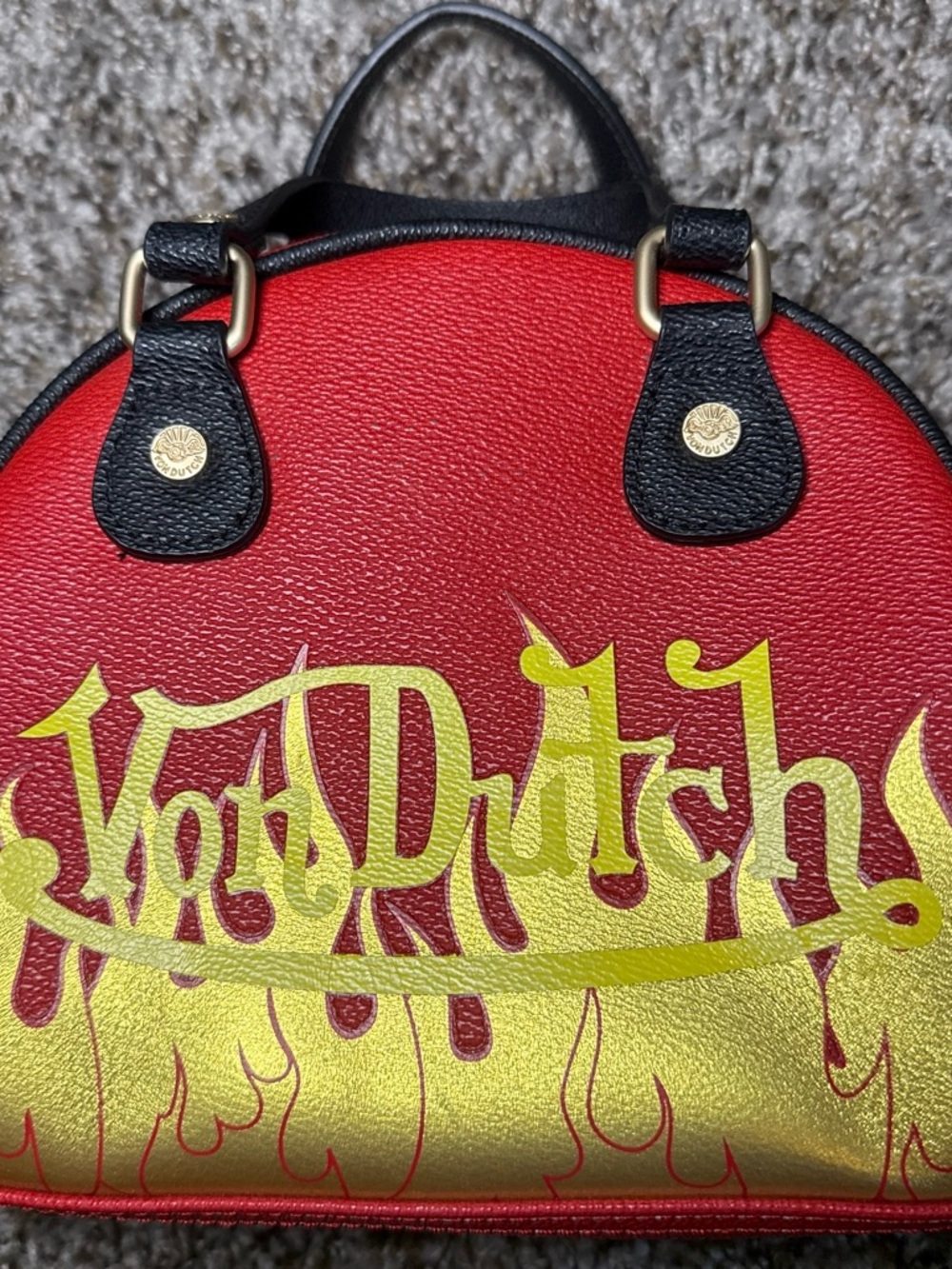 Von Dutch Red Mini Dome Satchel with Gold Flame Logo